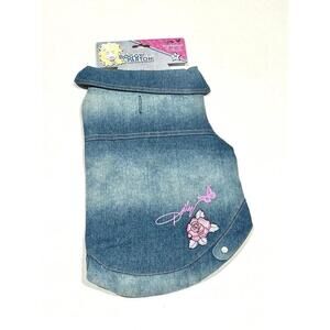 NEW Doggy Parton Dog Apparel Jean Collared Shirt Blue with Rose Embroider Medium